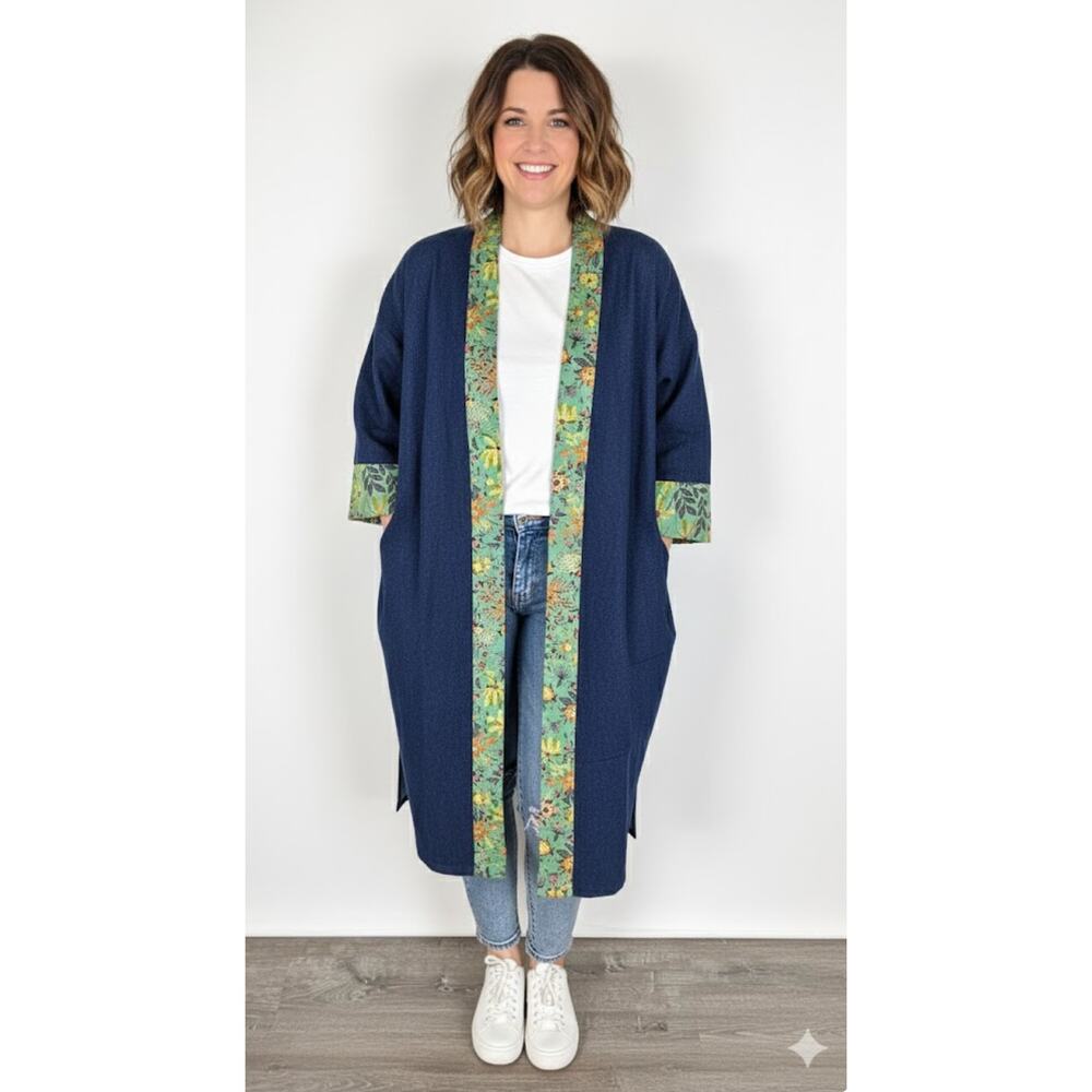 Rooey Knots Oversized Denim Duster Open Cardigan Womens Size XL New Blue Green